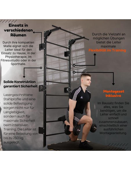 Sprossenwand mit Klimmzugstange aus Metall, Klettergerüst bis 250kg, Turnwand Weiß