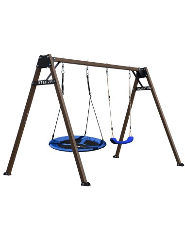 Doppelschaukel für Kinder mit Nestschaukel und Schaukel-Sitz 250x200cm Feuerveriznktes Schaukelgestell Braun