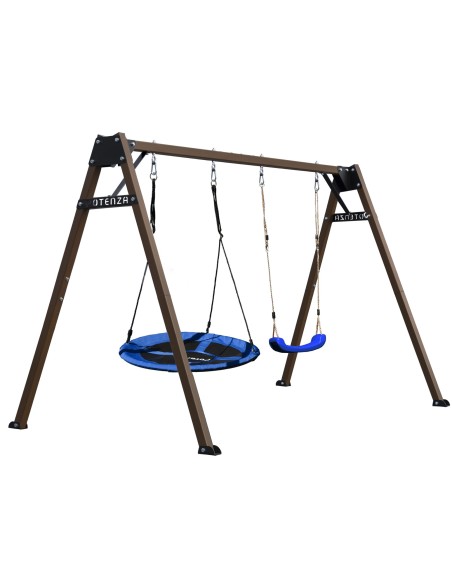 Doppelschaukel für Kinder mit Nestschaukel und Schaukel-Sitz 250x200cm Feuerveriznktes Schaukelgestell Braun