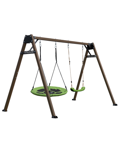 Doppelschaukel für Kinder mit Nestschaukel und Schaukel-Sitz 250x200cm Feuerveriznktes Schaukelgestell Braun