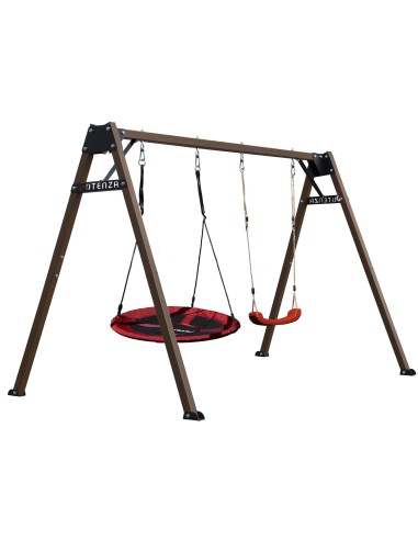 Doppelschaukel für Kinder mit Nestschaukel und Schaukel-Sitz 250x200cm Feuerveriznktes Schaukelgestell Braun