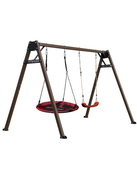 Doppelschaukel für Kinder mit Nestschaukel und Schaukel-Sitz 250x200cm Feuerveriznktes Schaukelgestell Braun