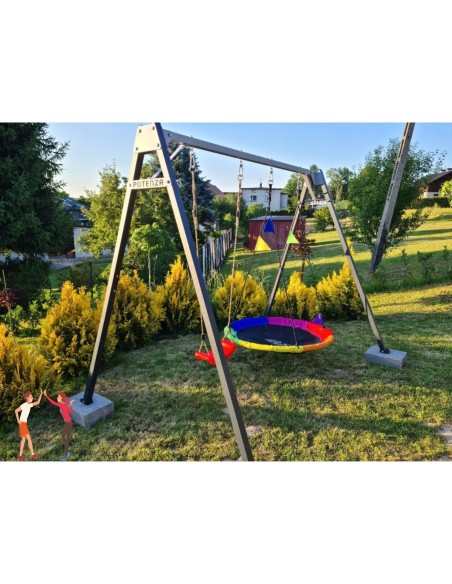 Doppelschaukel für Kinder mit Nestschaukel und Schaukel-Sitz 250x200cm Feuerveriznktes Schaukelgestell Grphit