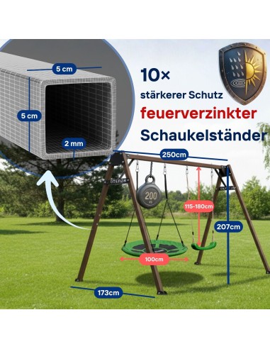 Doppelschaukel für Kinder mit Nestschaukel und Schaukel-Sitz 250x200cm Feuerveriznktes Schaukelgestell Braun