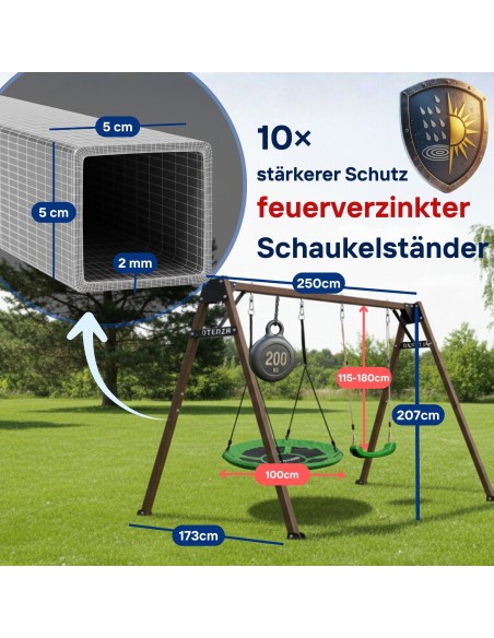 Doppelschaukel für Kinder mit Nestschaukel und Schaukel-Sitz 250x200cm Feuerveriznktes Schaukelgestell Braun
