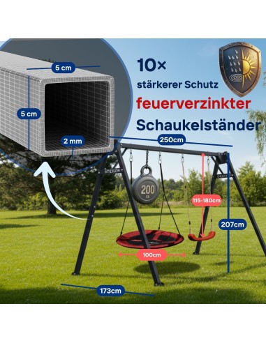 Doppelschaukel für Kinder mit Nestschaukel und Schaukel-Sitz 250x200cm Feuerveriznktes Schaukelgestell Schwarz