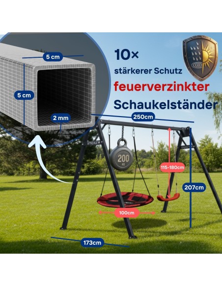 Doppelschaukel für Kinder mit Nestschaukel und Schaukel-Sitz 250x200cm Feuerveriznktes Schaukelgestell Schwarz