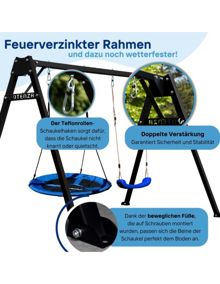 Doppelschaukel für Kinder mit Nestschaukel und Schaukel-Sitz 250x200cm Feuerveriznktes Schaukelgestell Schwarz