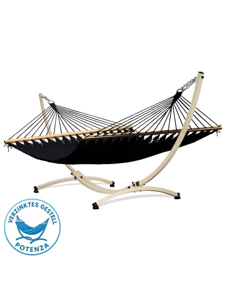 Barbados Stabhängematte aus Baumwolle mit Gestell| Netz-Hängematte mit Holzstab